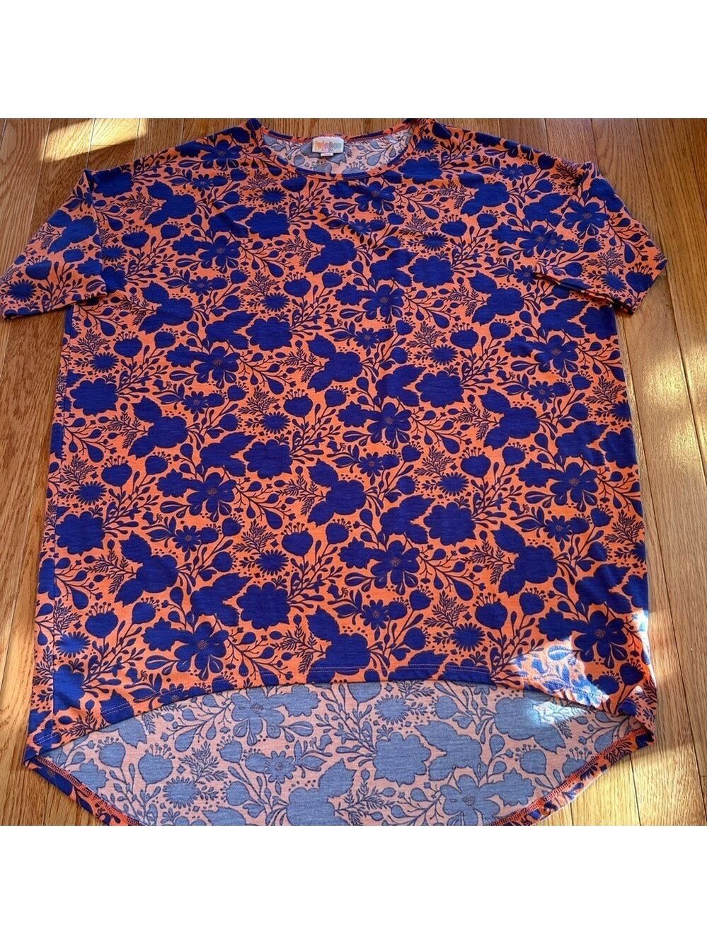 LulaRoe Irma Women's T Shirt Blue & Orange Floral Hi Lo Top Size S